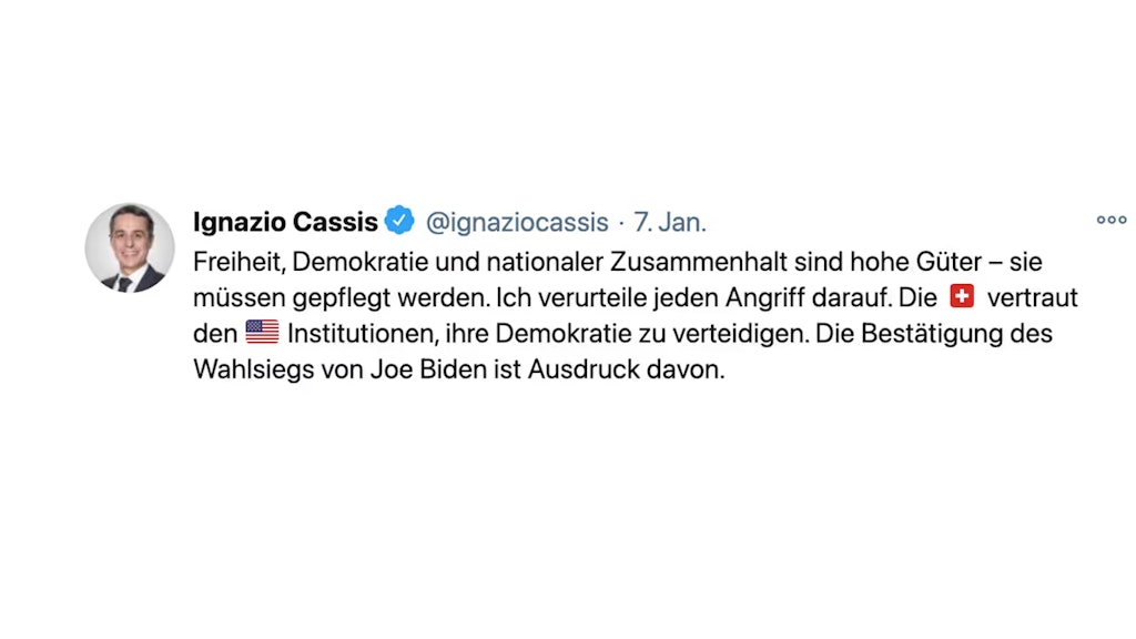 Bild vom Tweet, den Bundesrat Cassis nach den Ereignissen von Washington publiziert hat.