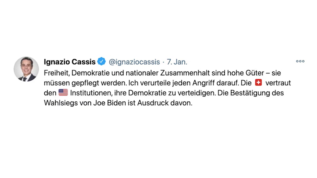 Capture du tweet publié par le conseiller fédéral Cassis suite aux événements de Washington.
