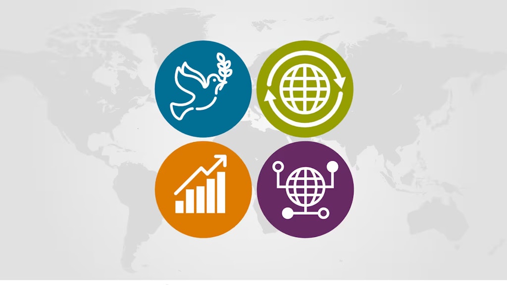  Eine Grafik veranschaulicht anhand von Icons die Schwerpunkte der Aussenpolitischen Strategie 2020–2023: Eine Taube steht für «Frieden und Sicherheit», ein Diagramm für «Wohlstand», ein Globus für «Nachhaltigkeit» und ein Netz für «Digitalisierung».