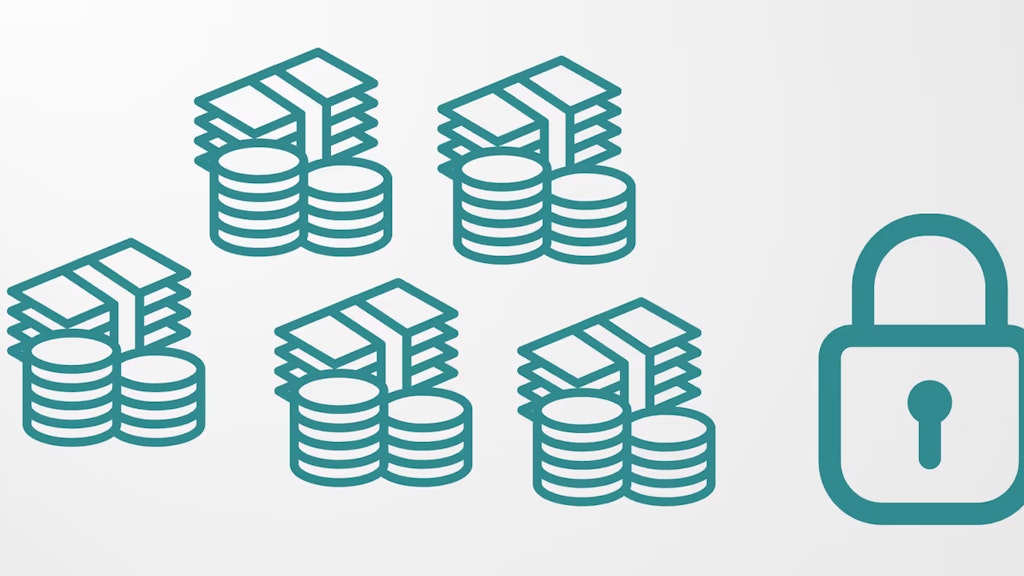 Illustration mit Symbolen, die die Sperrung von illegalen Vermögenswerten darstellen.