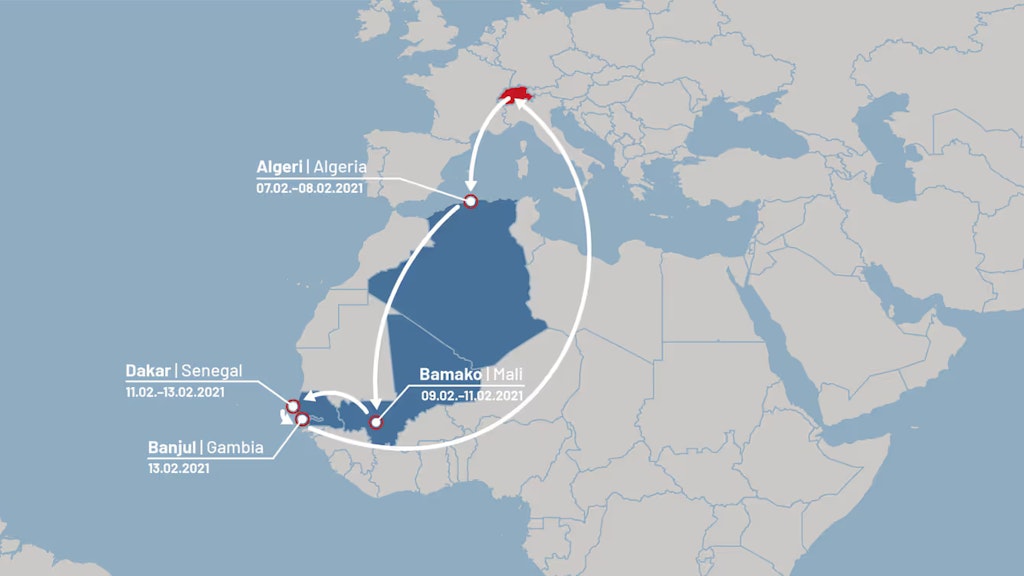 Grafico che illustra il viaggio del consigliere federale Cassis in Africa.