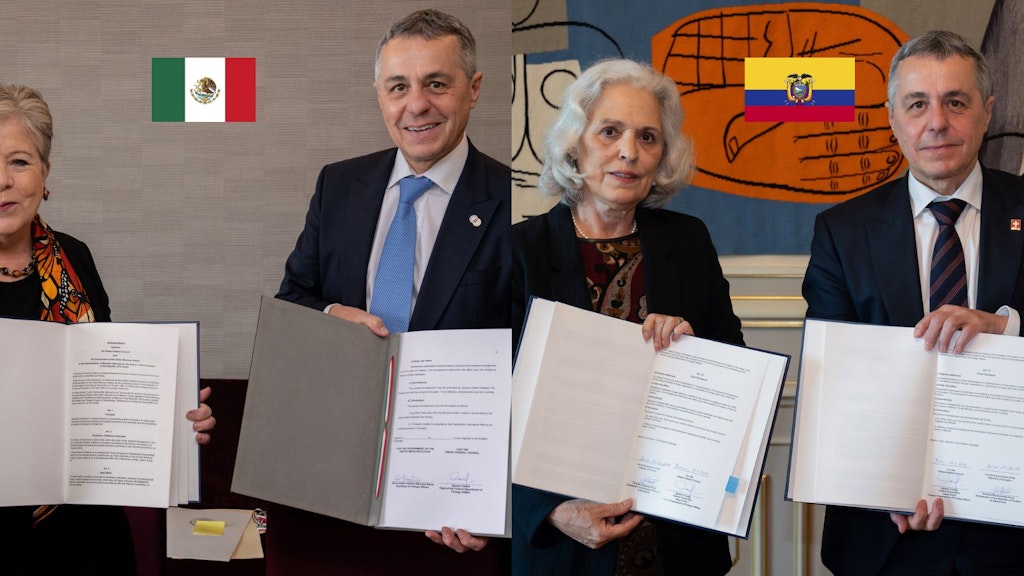 Bildmontage von Bildern der Unterzeichnung der Vereinbarungen für das Schutzmachtmandat auf dem Bürgenstock und in Bern.