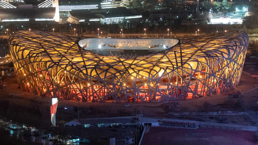Eine Luftaufnahme des Bird’s Nest Stadium in Peking.
