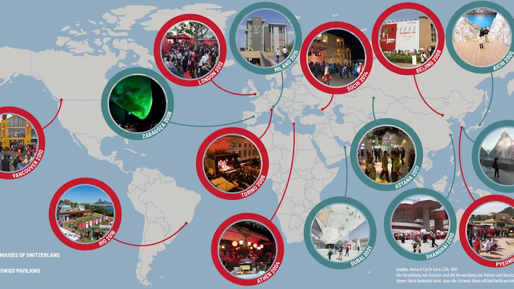 Grafische Darstellung einer Weltkarte mit verschiedenen kleinen Bildern von Schweizer Pavillons und dem «House of Switzerland» bei internationalen Grossanlässen.