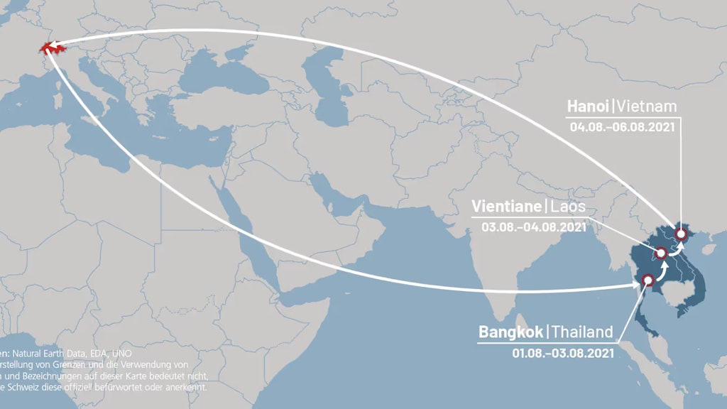 Grafik, die die Route der Reise von Bundesrat Cassis nach Thailand, Laos und Vietnam zeigt.