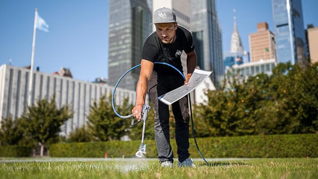 Ein junger Mann sprüht Farbe auf einen Rasen.