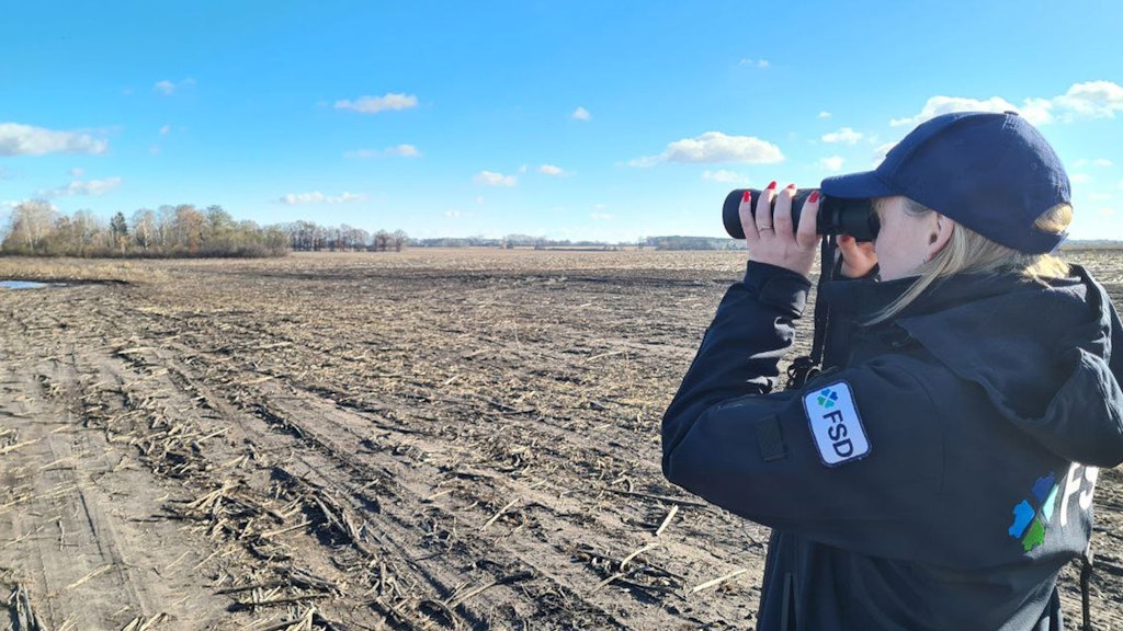 Ein FSD-Mitarbeiter führt eine nicht-technische Untersuchung durch und überwacht das Land mit einem Fernglas.