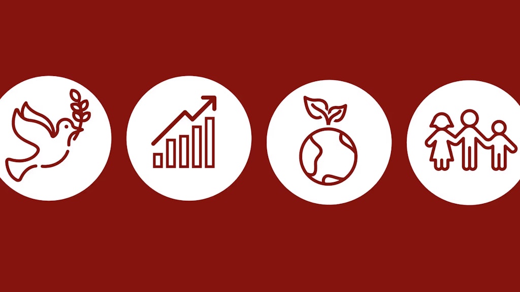 Grafische Elemente illustrieren die vier Schwerpunkte der Strategie.