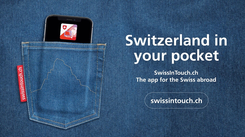 A mobile phone in a trouser pocket with a stitched outline of the Matterhorn announces the launch of the SwissInTouch application.