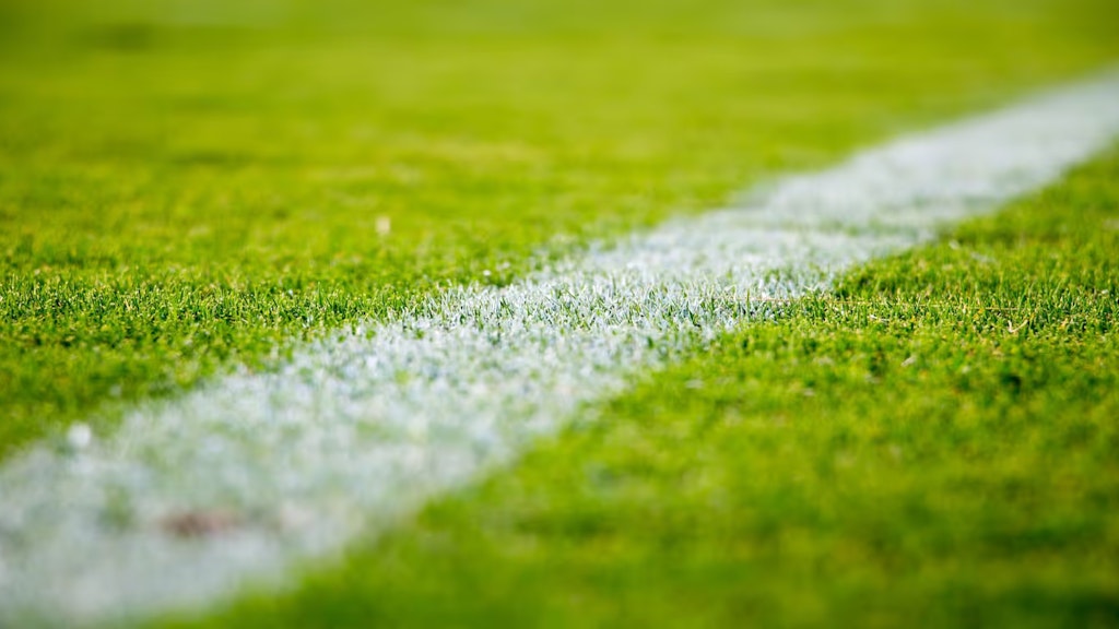 Nahaufnahme einer weissen Linie, die auf dem Rasen eines Fussballplatzes gezogen wurde. 