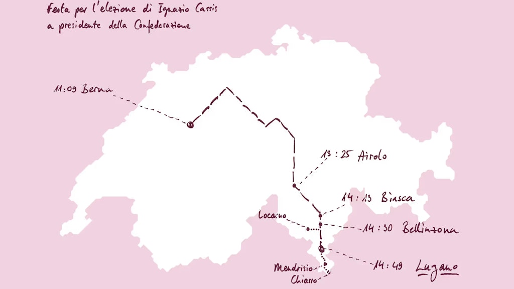 Eine Schweizerkarte zeigt die Reiseroute von Bundespräsident Cassis sowie die Gemeinden, die an den Feierlichkeiten teilnehmen werden. 