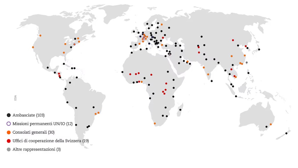 Carta geografica del mondo con le sedi esterne del DFAE 