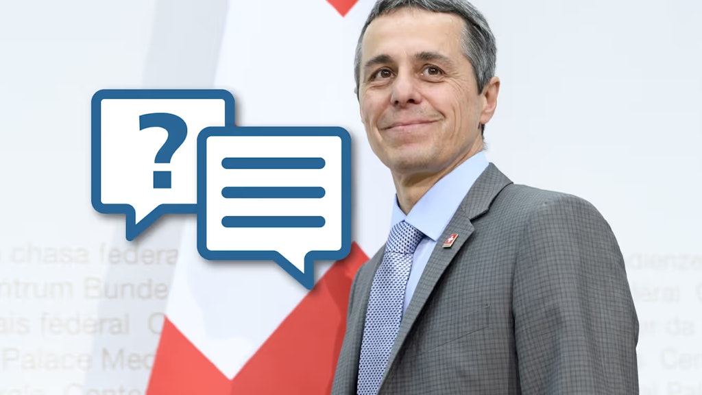 Fotomontage mit Ignazio Cassis, der in die Kamera schaut, und zwei Sprechblas-Icons mit Fragezeichen und Antwort zur Darstellung eines Interviews. 