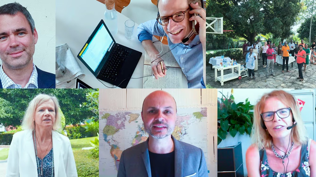 Sechs Fotos von Mitarbeiterinnen und Mitarbeitern, die in Schweizer Vertretungen auf der ganzen Welt arbeiten. 