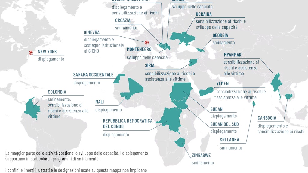 Carta del mondo che mostra i Paesi in cui la Svizzera è attiva nello sminamento umanitario.