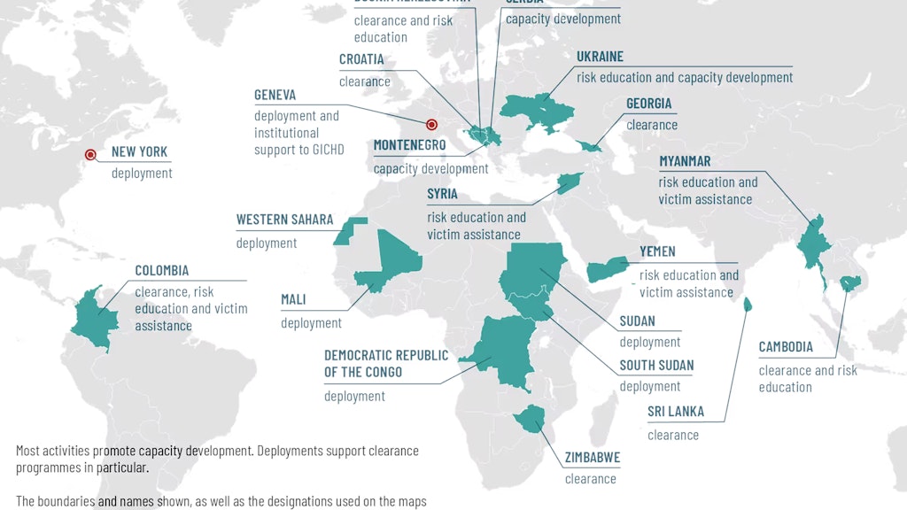 World map indicating countries where Switzerland is engaged in mine action.