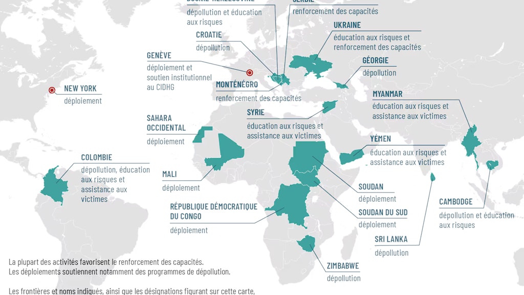 Carte du monde indiquant les pays où la Suisse mène une action contre les mines.