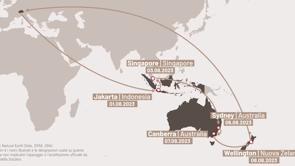 Infografica relativa alle tel viaggio di Ignazio Cassis in Indonesia, Singapore, Australia e Nuova Zelanda.