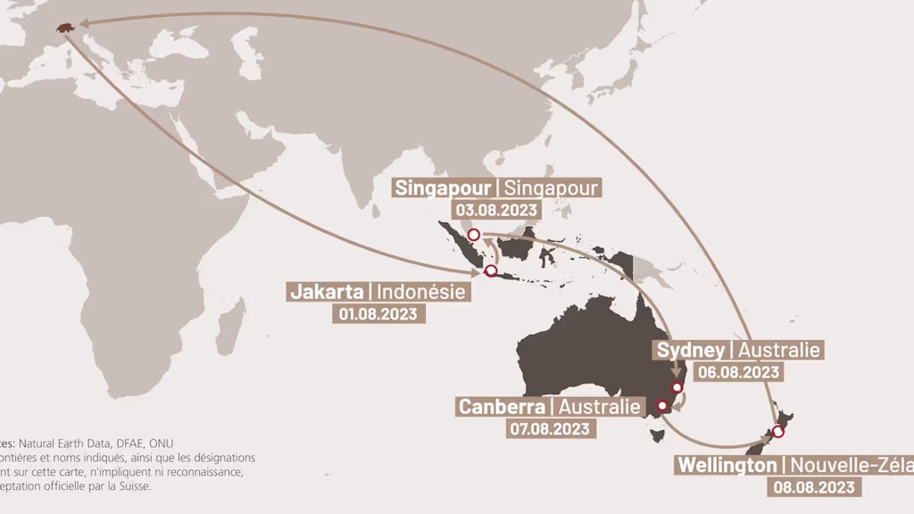 Infographie qui présente les étapes du voyage d’Ignazio Cassis en Indonésie, à Singapour, en Australie et en Nouvelle-Zélande.