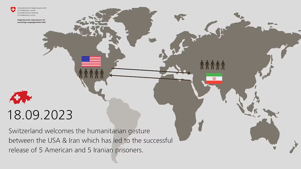 Grafik mit einer Weltkarte und den Flaggen der USA und des Iran, bei denen jeweils fünf Personen eingezeichnet sind und die mit Pfeilen verbunden sind.