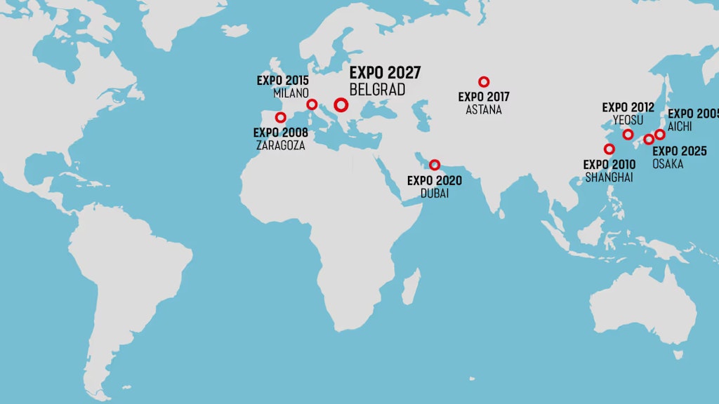 Weltkarte mit 9 Pins, die zeigt, dass die Schweiz in 20 Jahren an 7 Weltausstellungen teilnahm und ihre Teilnahme an Expo 2025 Osaka und Expo 2027 bestätigte.