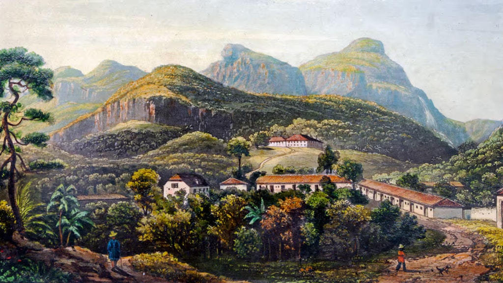 Gemälde, das eine Berglandschaft in Brasilien mit Häusern im Vordergrund darstellt.