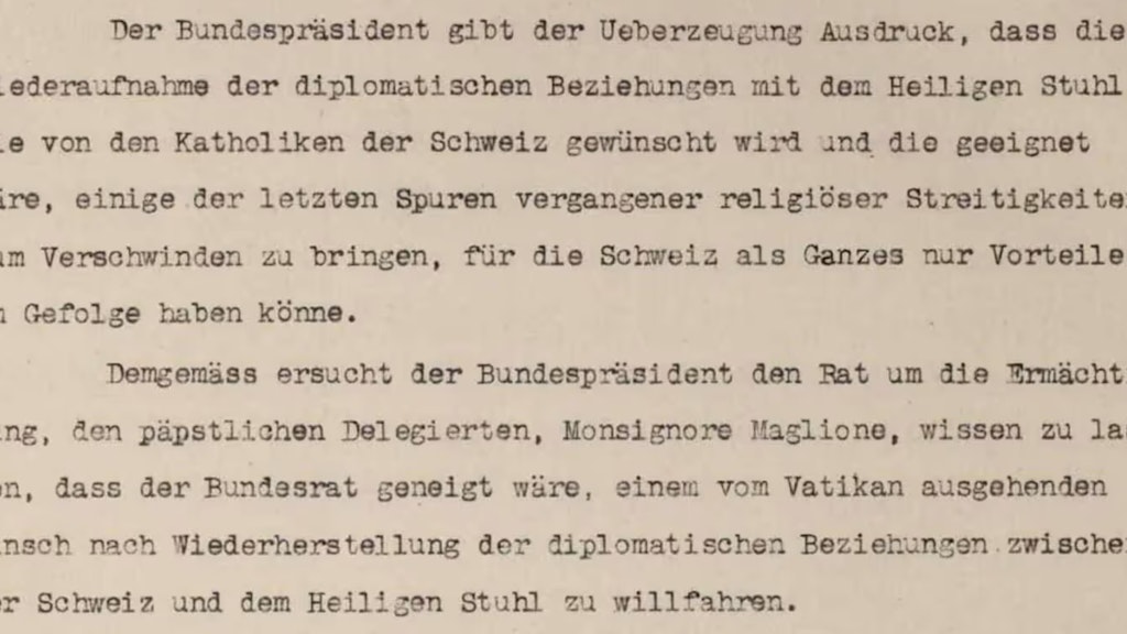 Auszug aus dem Protokoll der Bundesratssitzung vom 18. Juni 1920 zum Antrag von Bundespräsident Giuseppe Motta, die diplomatischen Beziehungen zum Heiligen Stuhl wiederaufzunehmen.