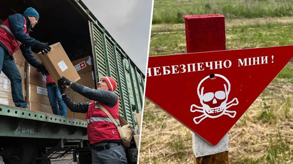 Two pictures next to each other. In the left-hand picture, two men are loading boxes onto a goods train; in the right-hand picture, a person is searching a field for mines.