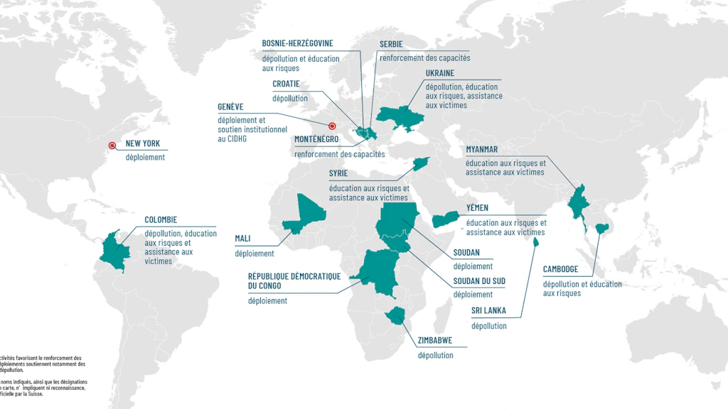 Carte des pays dans lesquels la Suisse est active en matière de déminage humanitaire.