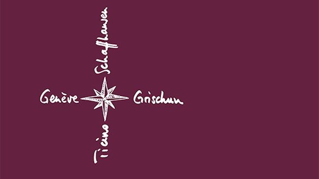 Auf einem weinroten Hintergrund ist eine Windrose abgebildet. Im Norden liegt Schaffhausen, im Süden das Tessin, im Westen Genf und im Osten Graubünden.