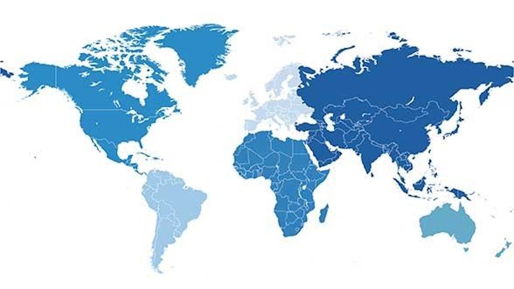 Mappa del mondo con sei continenti (Africa, Asia, Europa, America del Nord, America del Sud, Oceania, senza l’Antartide). 