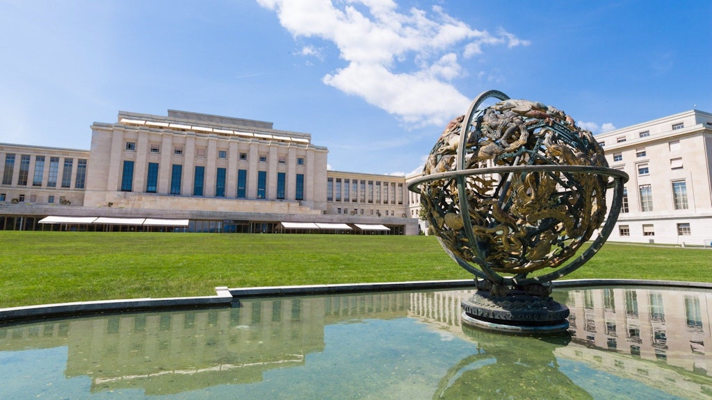 A view of the Palais des Nations with the Celestial Sphere in the foreground.