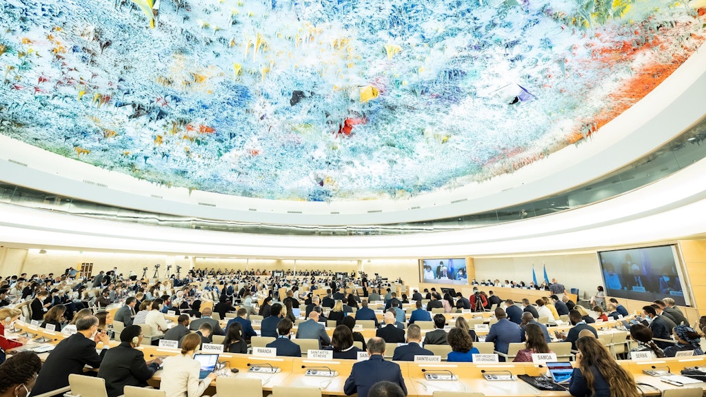 Visione d’insieme della 51a sessione del Consiglio dei diritti umani. Palazzo delle Nazioni, sala XX, Ginevra, Svizzera. 12 settembre 2022.