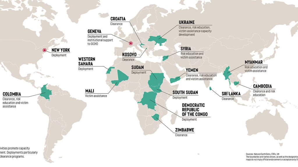 A world map with the countries marked where Switzerland provided support in humanitarian demining in 2024.