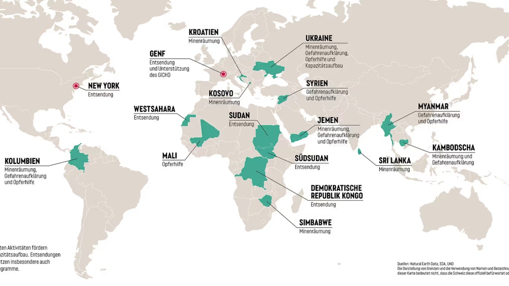 Eine Weltkarte mit den markierten Ländern, wo die Schweiz 2024 Unterstützung in der humanitären Minenräumung leistete..