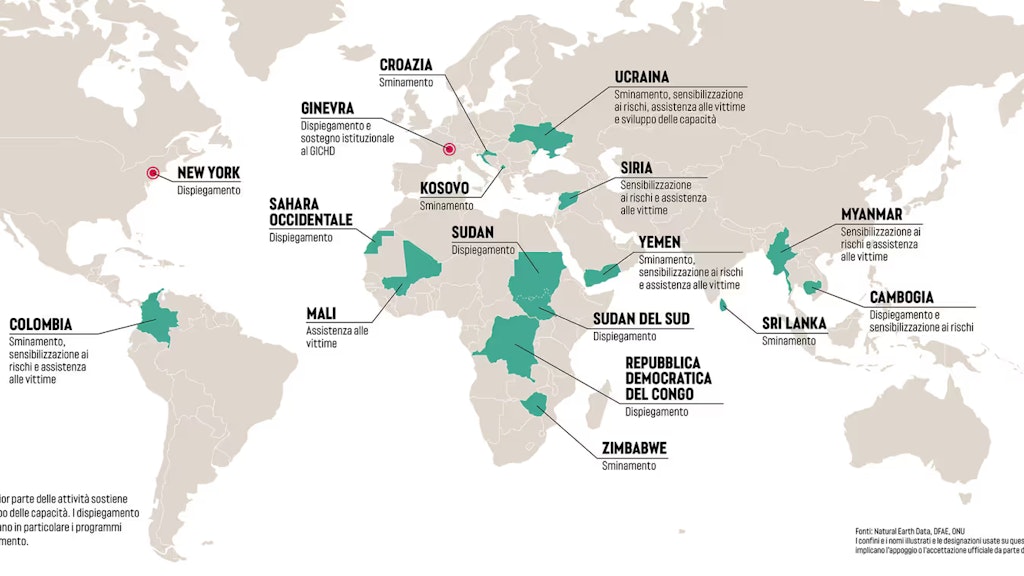 Una cartina del mondo in cui sono marcati tutti i Paesi nei quali la Svizzera ha svolto attività oppure offerto il proprio sostegno a favore dello sminamento umanitario.