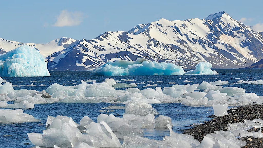 Eine Gruppe von Eisschollen, die auf einer Wasserfläche treiben.