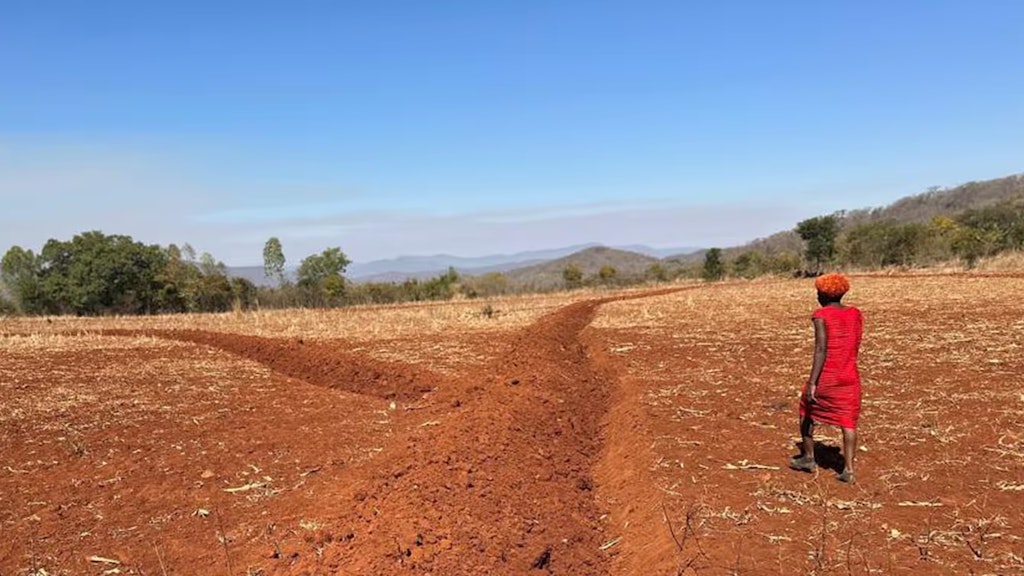 Eine Frau steht auf deinem trockenen Acker, der von Gräben durchzogen ist. Durch diese Gräben soll dereinst Wasser fliessen. 