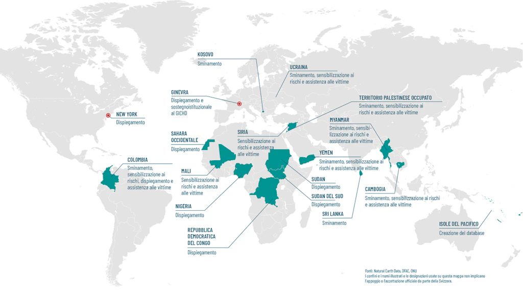 Mappa del mondo che illustra le attività della Svizzera nel campo dello sminamento umanitario nel 2025.