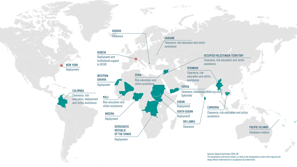 A map of the world showing Switzerland’s humanitarian mine clearance activities in 2025.