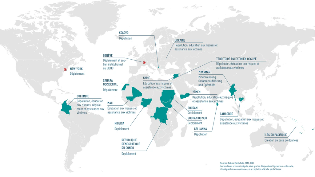 Carte du monde illustrant les activités de la Suisse dans le domaine du déminage humanitaire en 2025.