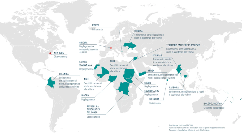 Mappa del mondo che illustra le attività della Svizzera nel campo dello sminamento umanitario nel 2025.