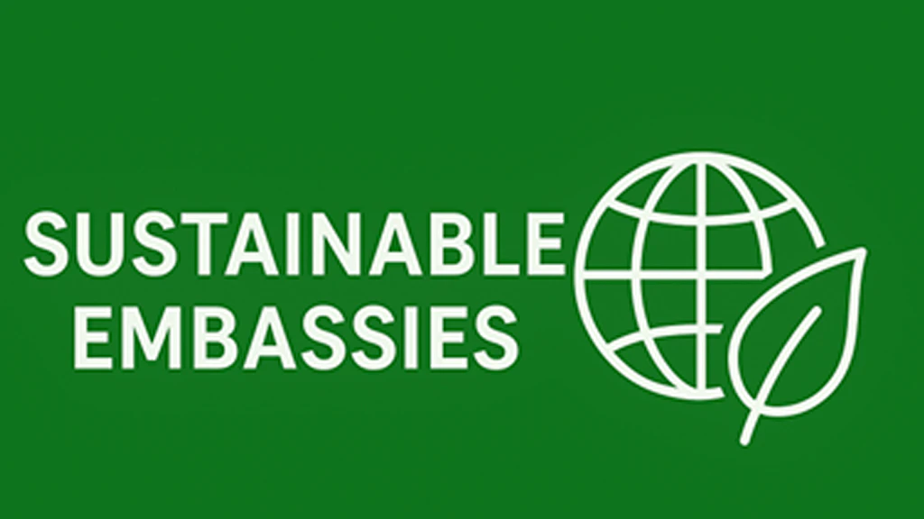 Das Bild zeigt ein Logo für die Sustainable Embassies Initiative des EDA