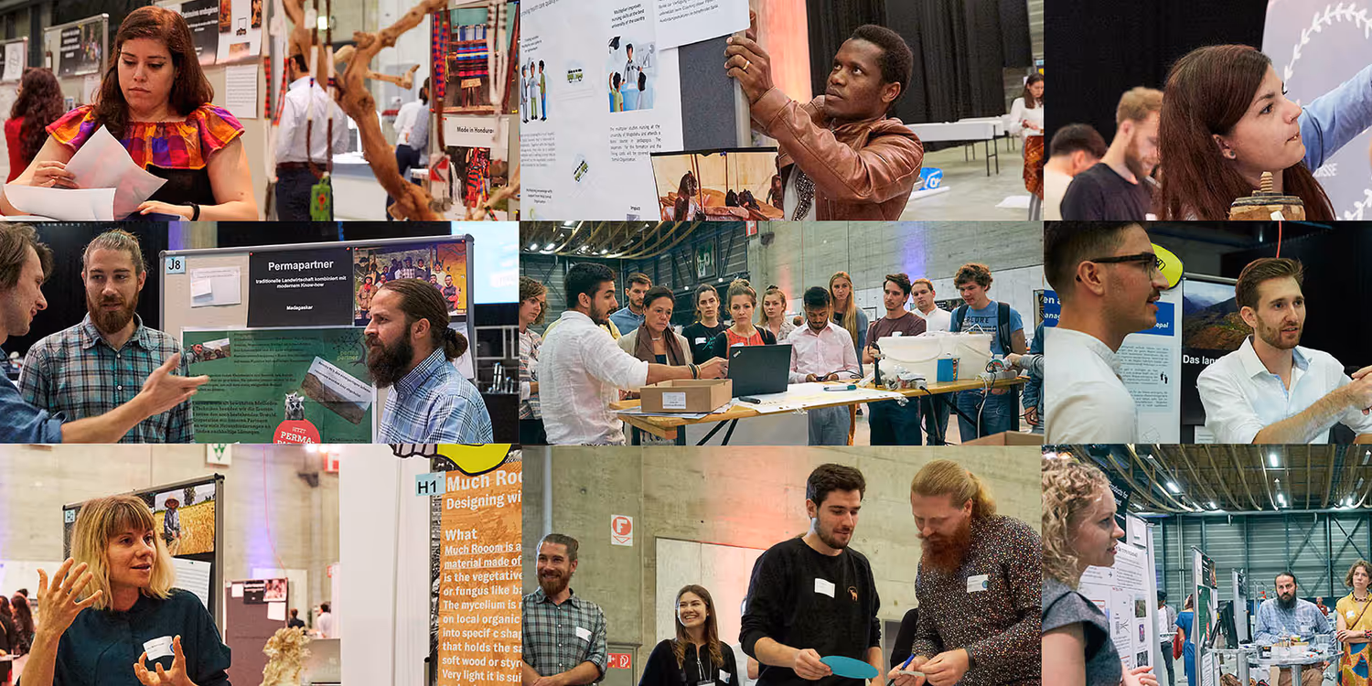 Neun Bildausschnitte zeigen engagierte junge Menschen – in Gruppen oder alleine – beim Präsentieren ihrer Projekte und im Gespräch. 