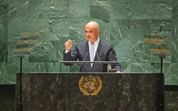 Bundespräsident Alain Berset spricht während der Eröffnungsansprache vor der UNO-Generalversammlung.