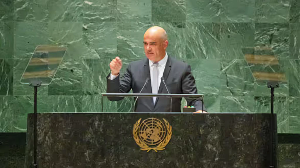 Bundespräsident Alain Berset spricht während der Eröffnungsansprache vor der UNO-Generalversammlung.