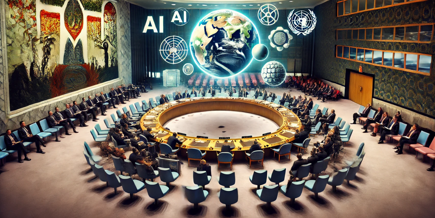 KI-Illustration, welche die Chancen und Risiken neuer Technologien für Frieden und Sicherheit  in der Welt darstellen soll.