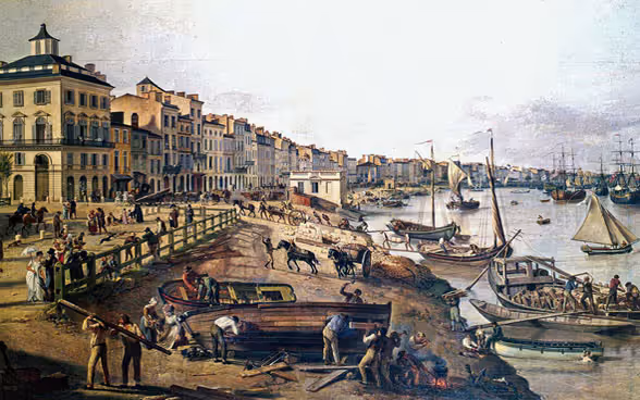 Gemälde von Bordeaux 1806, wichtiger Hafen für Schweizer Handel und Auswanderung, gemalt von Pierre Lacour.