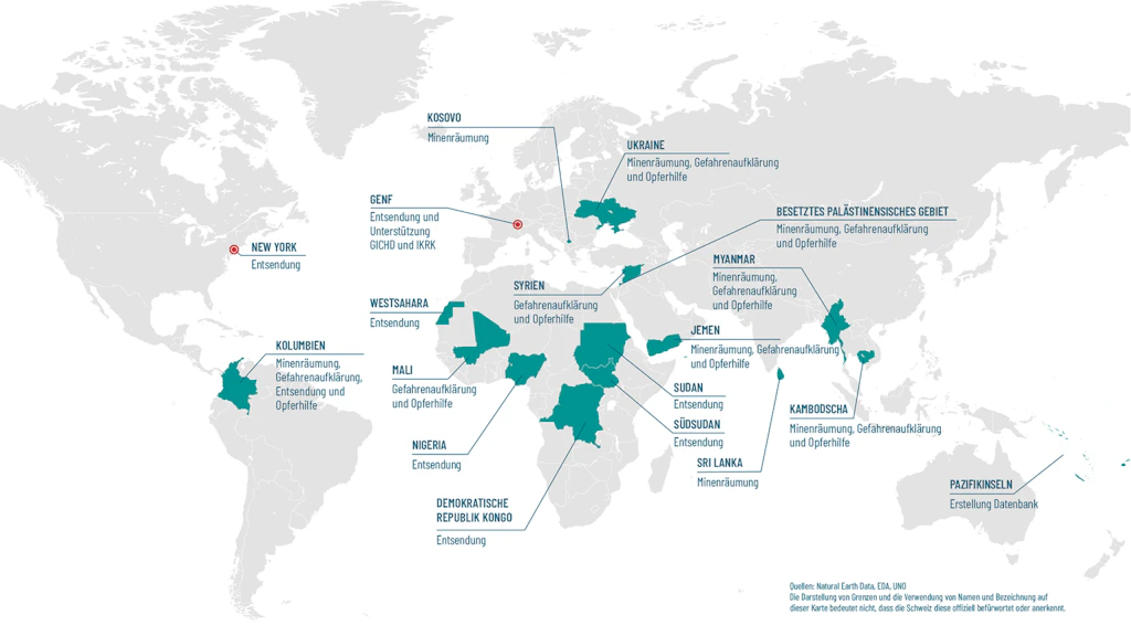 Karte der Welt, welche die Aktivitäten der Schweiz im Rahmen der humanitären Minenräumung im Jahr 2025 aufzeigt.