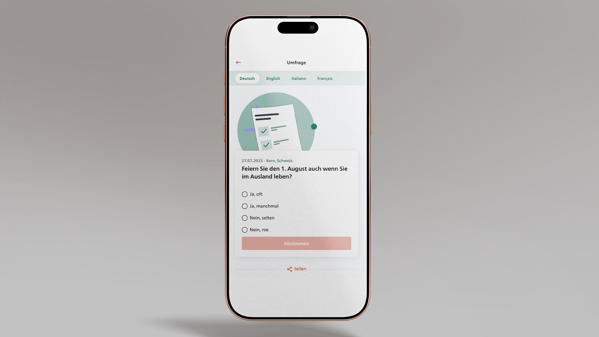 Das Bild zeigt ein Smartphone, auf dem die Umfrage-Funktion der SwissInTouch App angezeigt ist.
